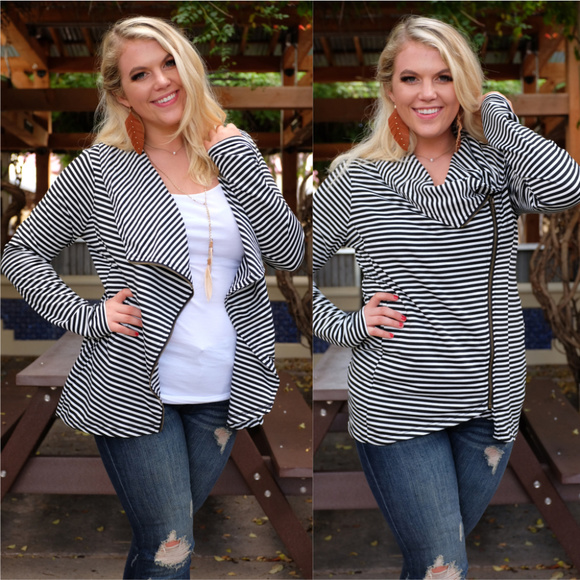 PLUS Black Striped Asymmetrical ZIPUp Cardigan - Picture 2 of 6